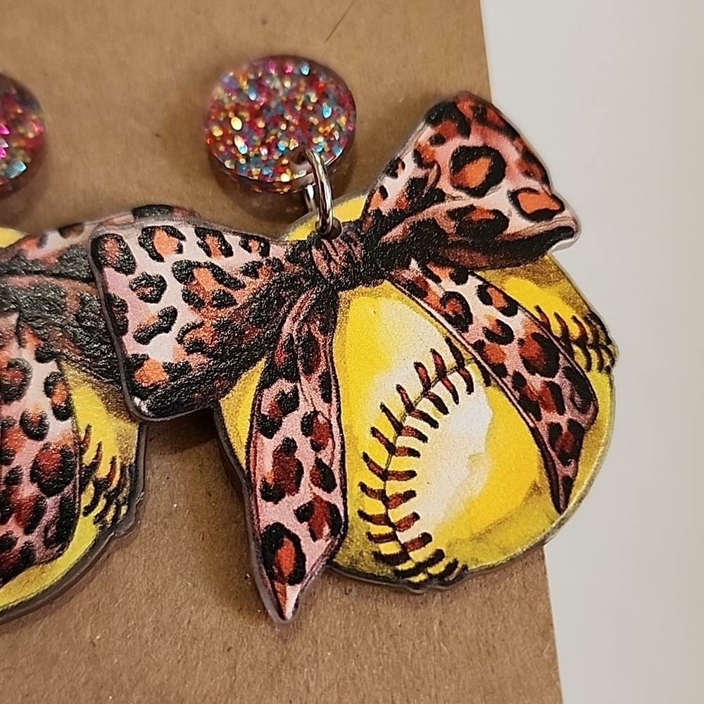 Leopard Bow Softball Acrylic Pendant Stud Earrings NWOT - Picture 2 of 6